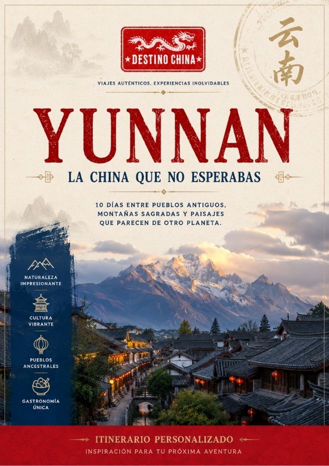 Cartel turístico de Yunnan, China, que muestra un pueblo tradicional al atardecer con montañas nevadas al fondo.